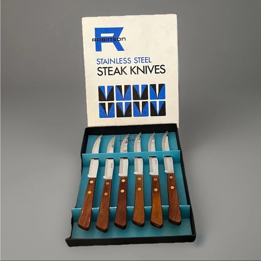 6 Vintage Robinson Stainless Steel Steak Knives Wood Handle Rustic NIB cutlery